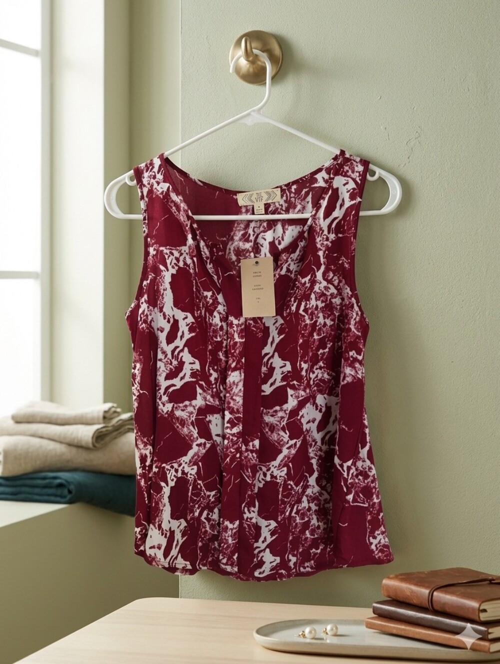 Business Casual Workwear Pink Rose Sleeveless Print Shell Top - Burgundy & White